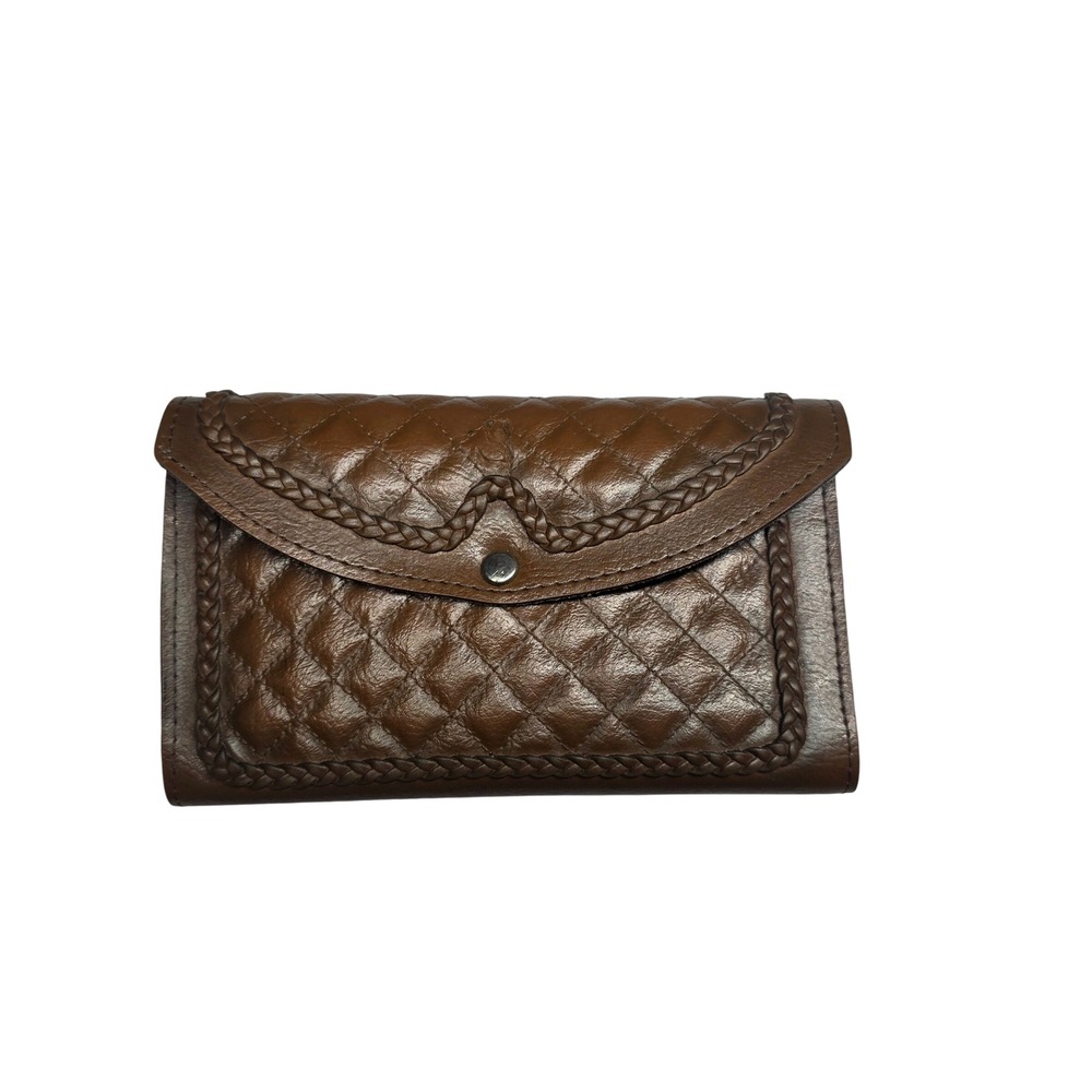 Vintage Brown Quilted Leather Wallet Braided Trim Suede Interior Brazil OS